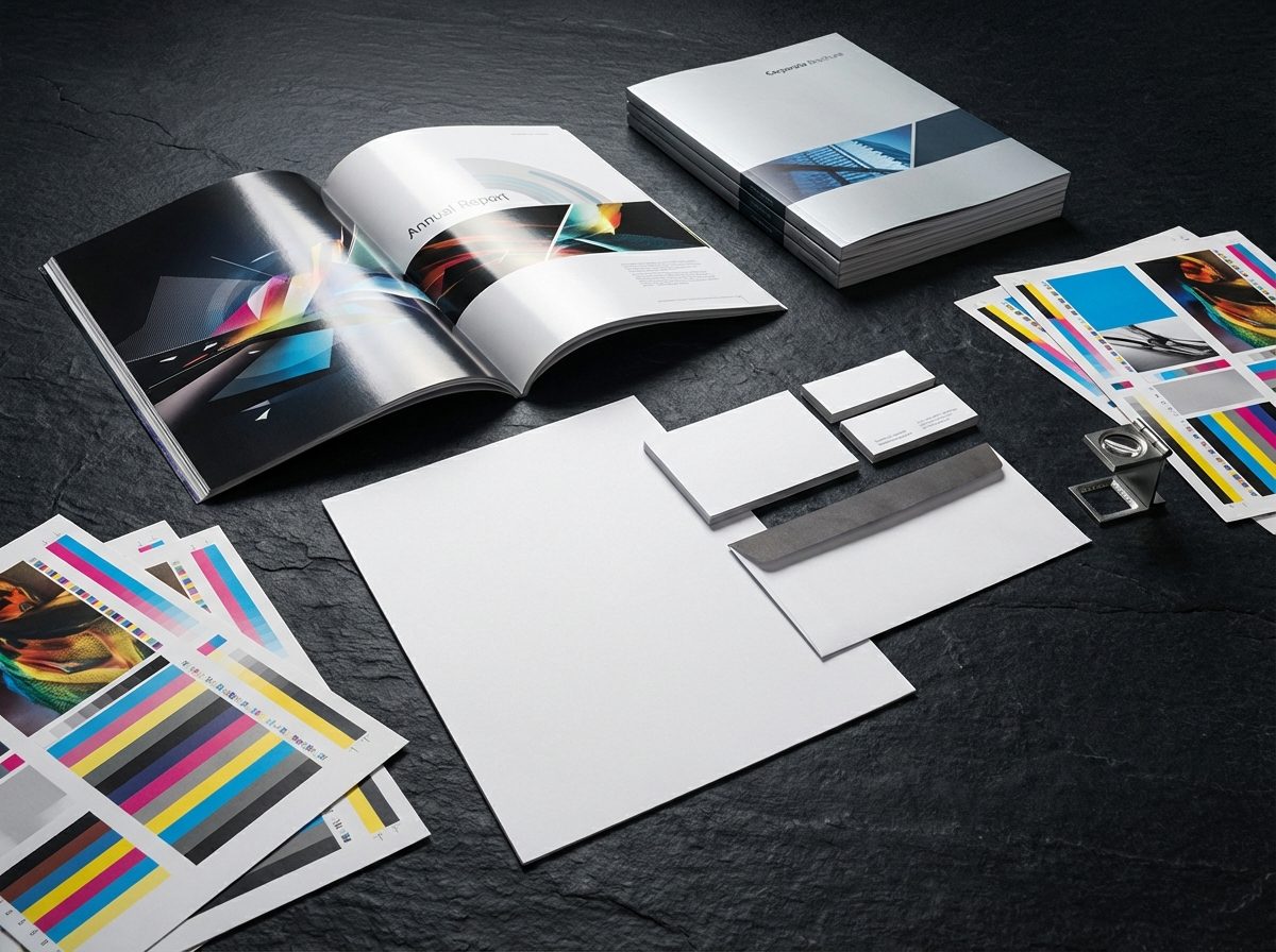 Professional print design samples and proofing materials